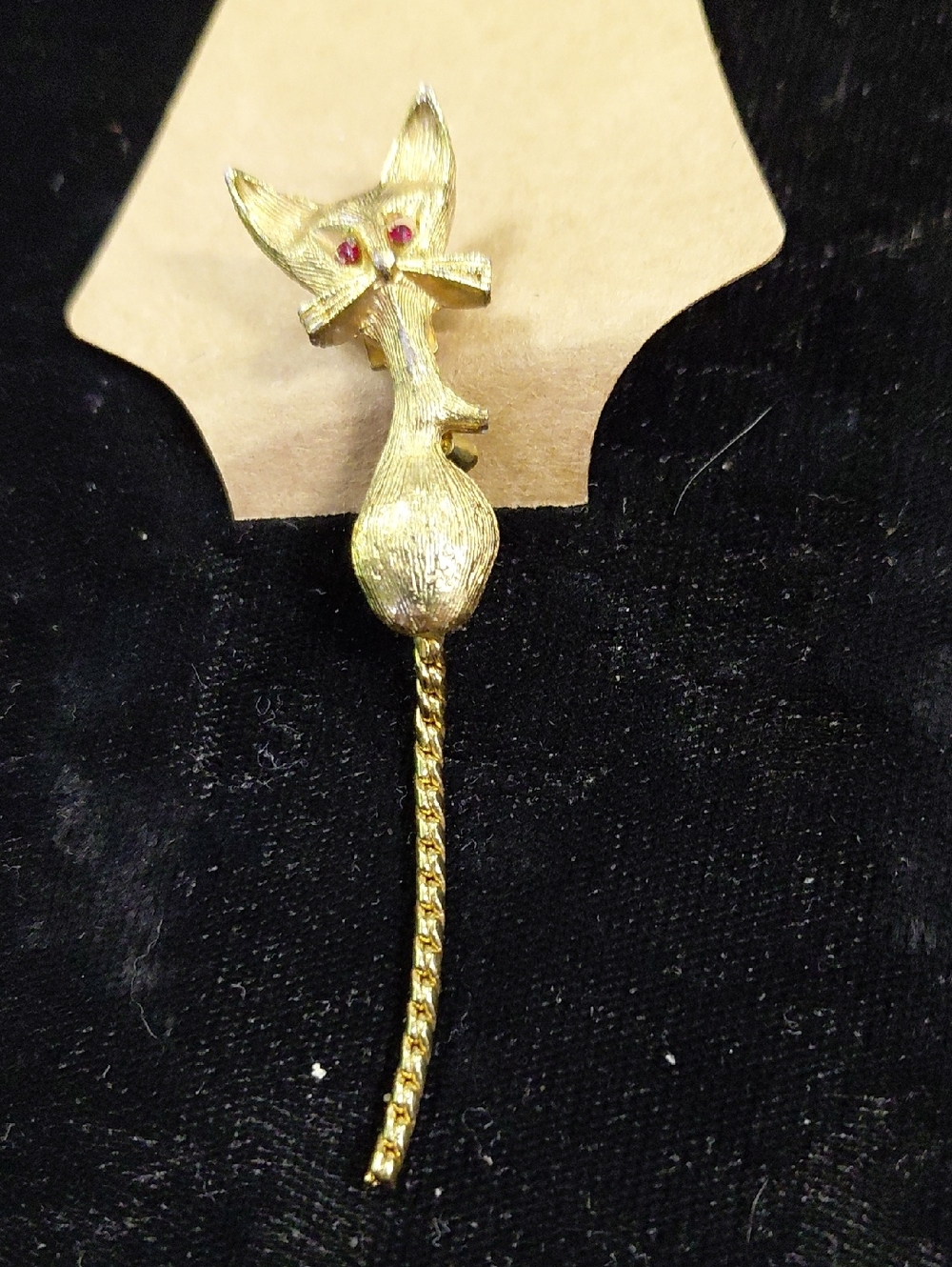 Gold Cat Tail Drop Brooch with Red Stone Eyes - Women's Jewelry
